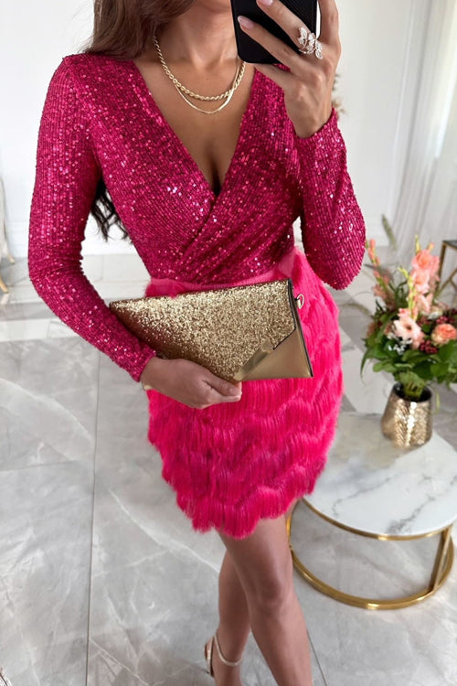Sequin and Fringe Mini Dress with Long Sleeves