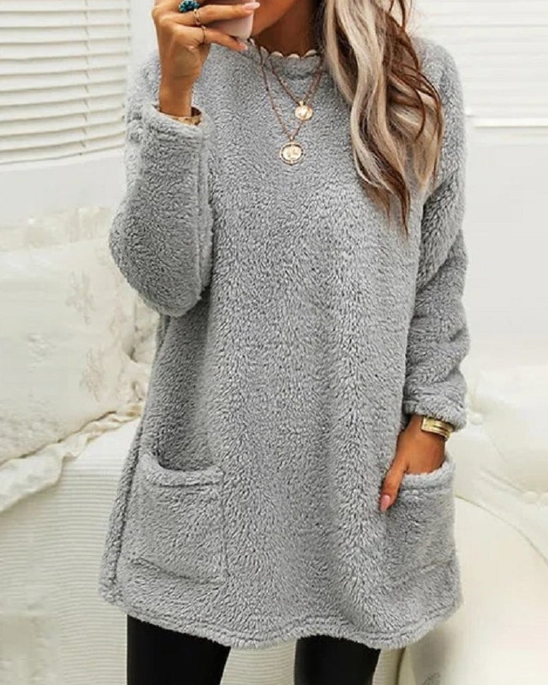Long Sleeve Teddy Fleece Tunic Pullover with Pockets
