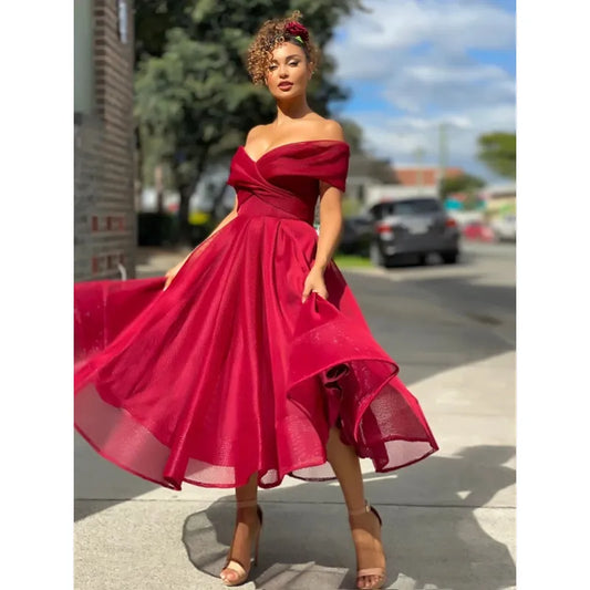 Off-Shoulder Fit-and-Flare Midi Dress