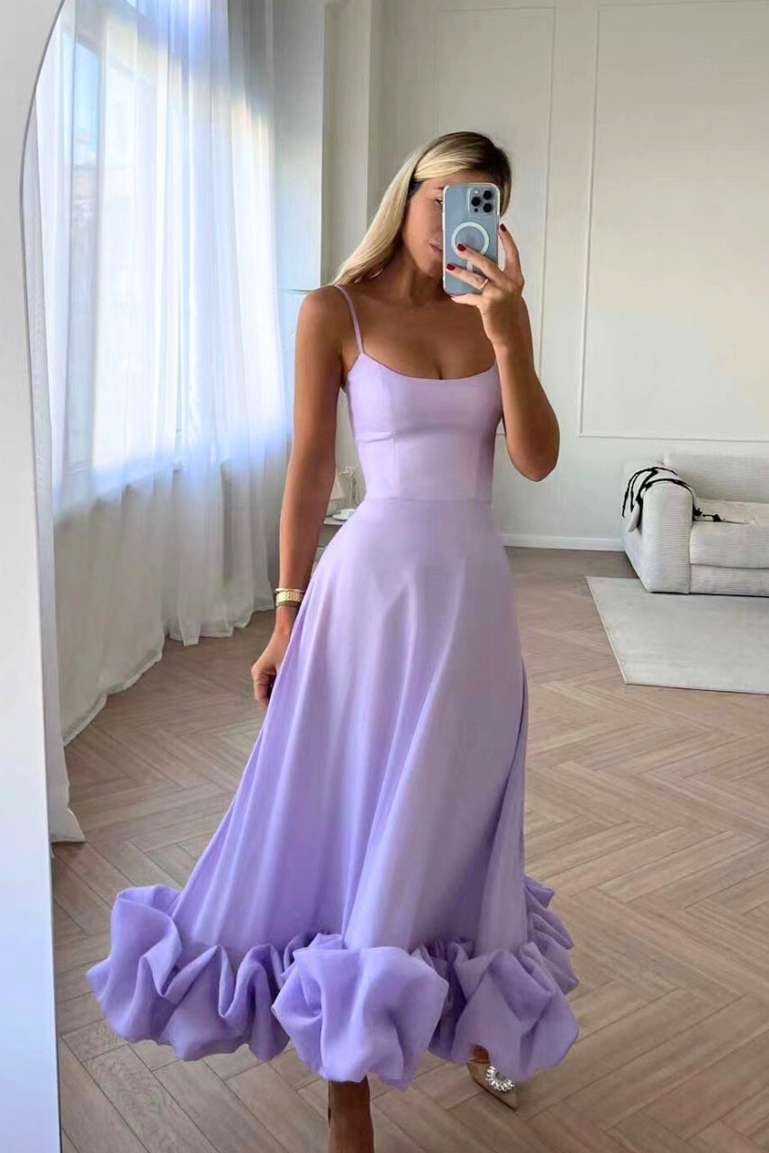 Midi Spaghetti Strap Dress with Ruffle Hem
