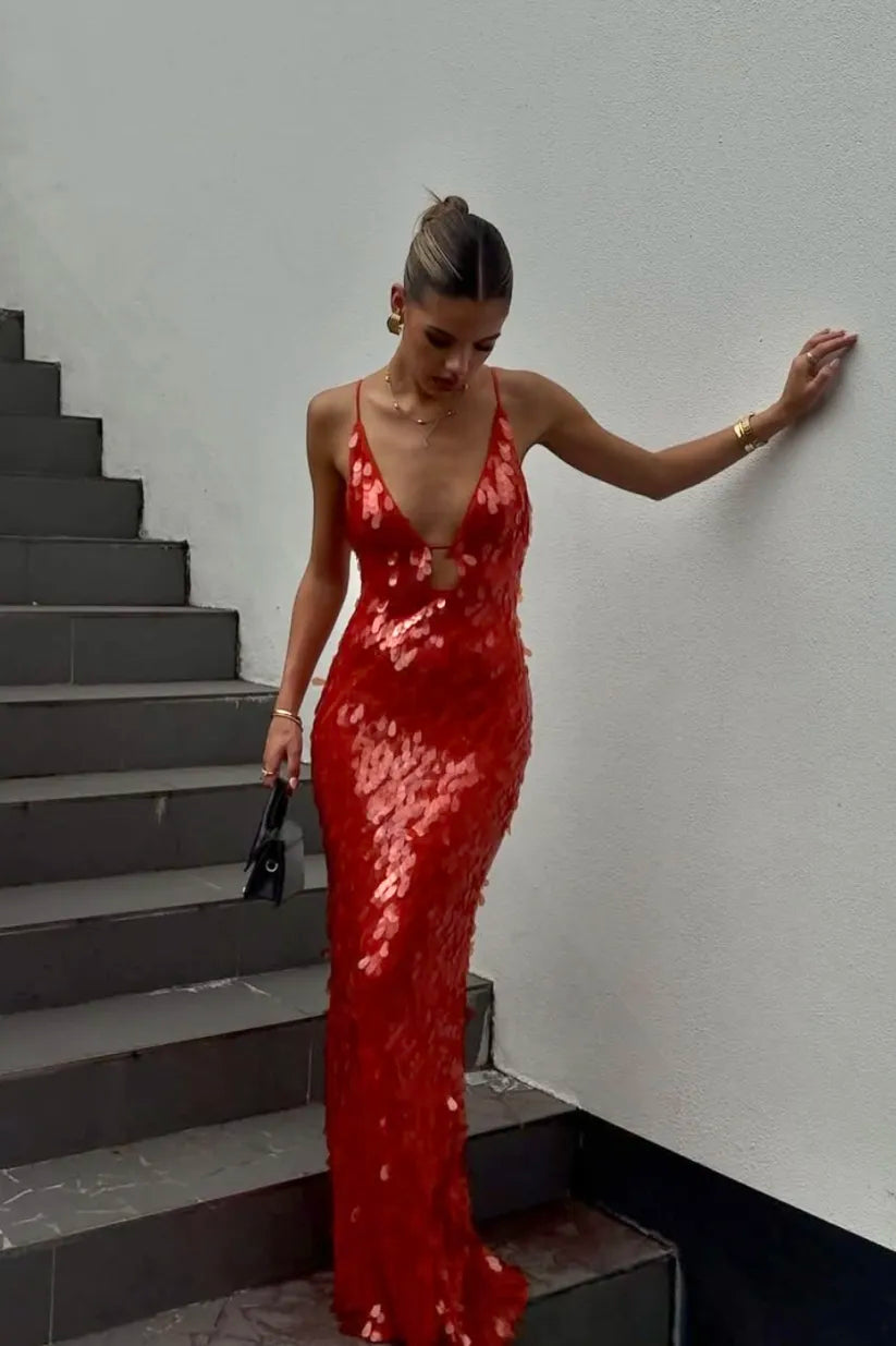 Sequin Plunge V-Neck Gown