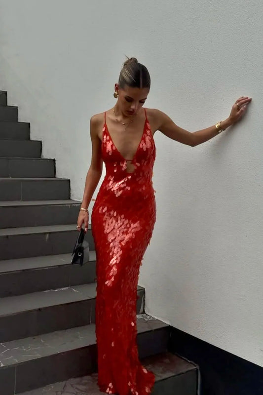 Sequin Plunge V-Neck Gown
