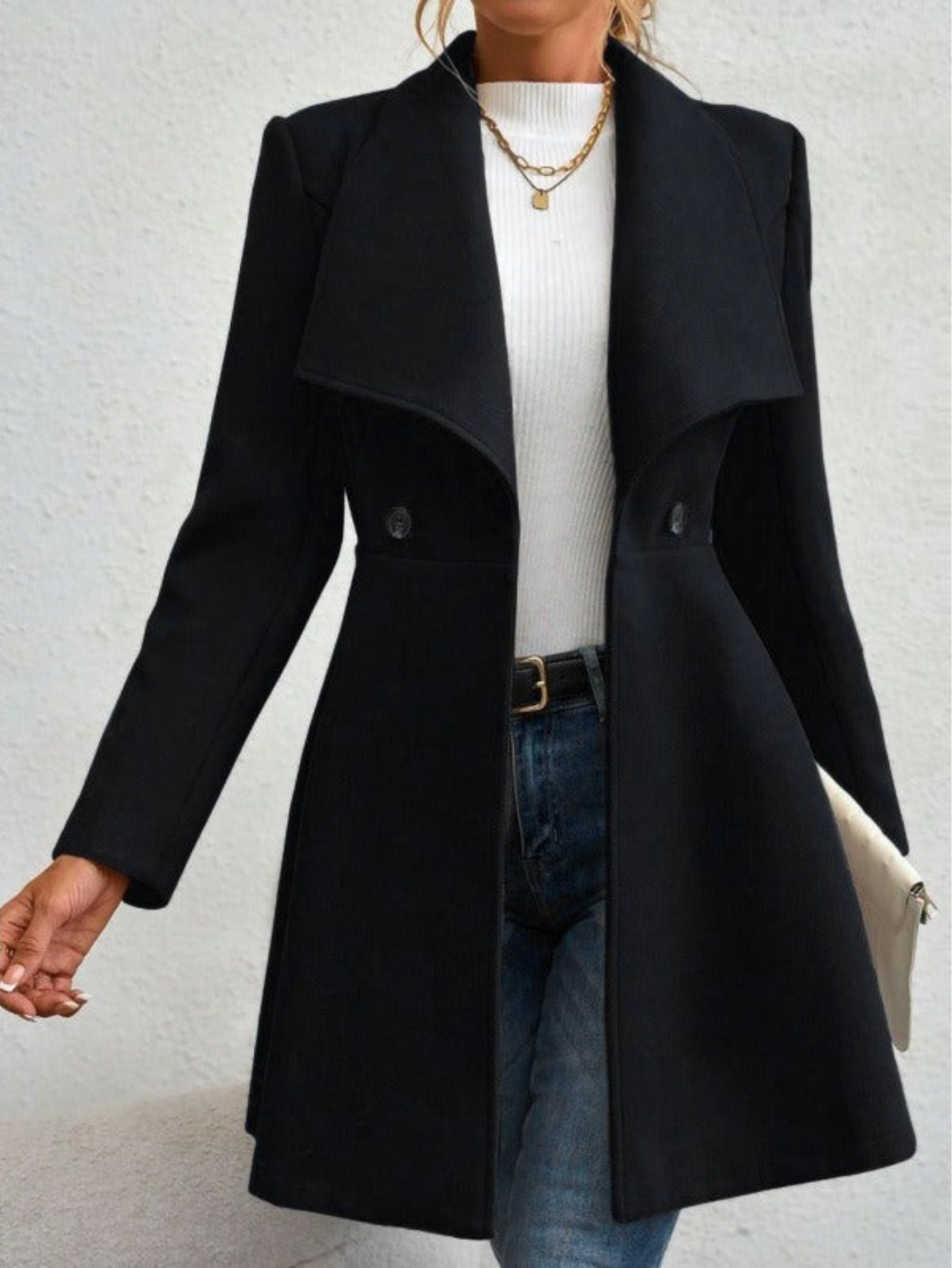 Trench Style Wool Blend Coat with Wide Lapel and Button Detail