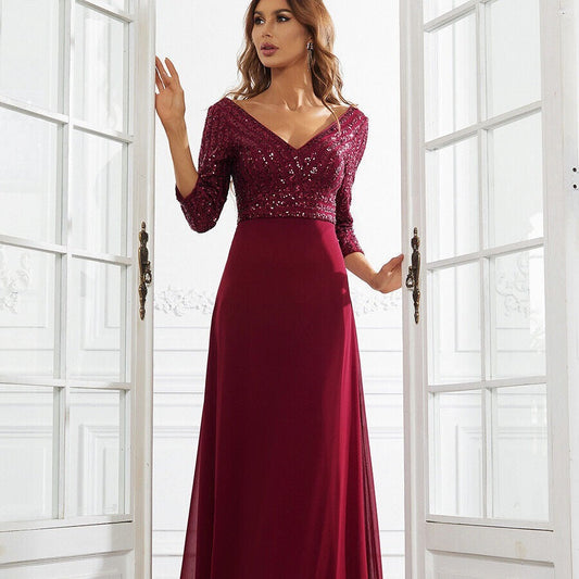 Women’s Evening Gown – Sequin V-Neck Long Formal Dress
