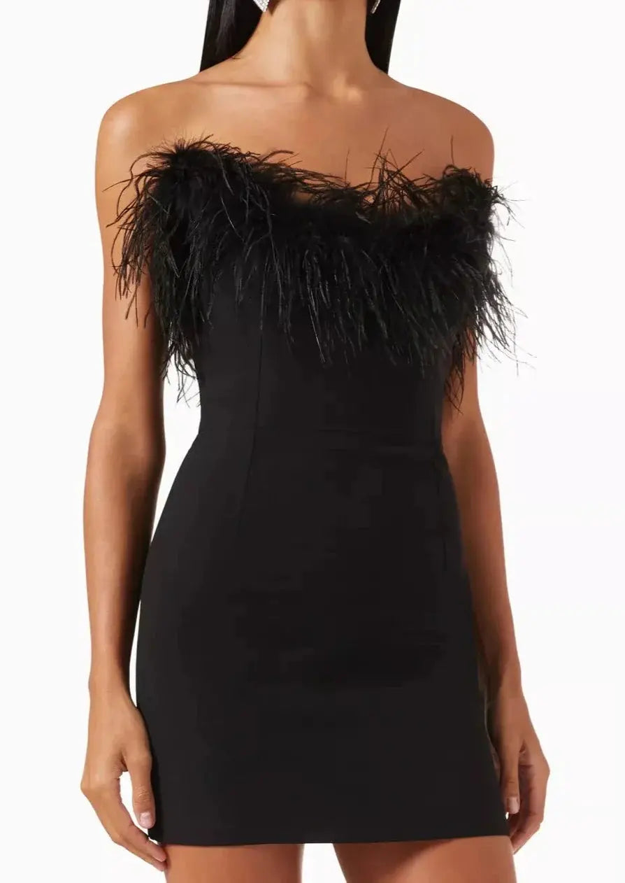 Feather Trim Strapless Mini Dress