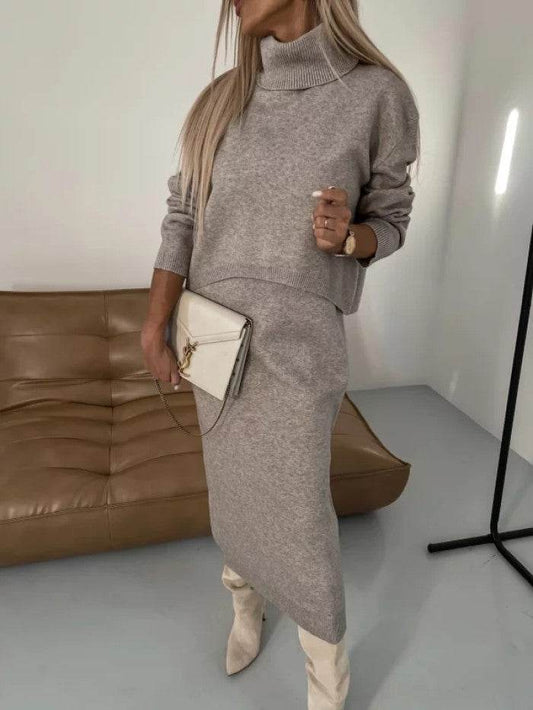 Knit Turtleneck Sweater and Skirt Two-Piece Set