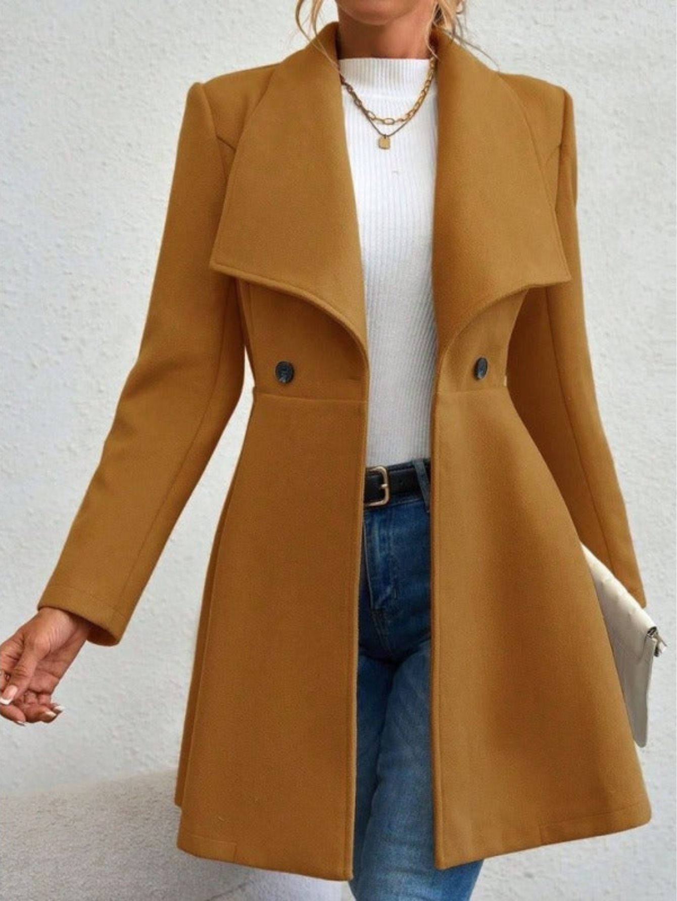 Trench Style Wool Blend Coat with Wide Lapel and Button Detail