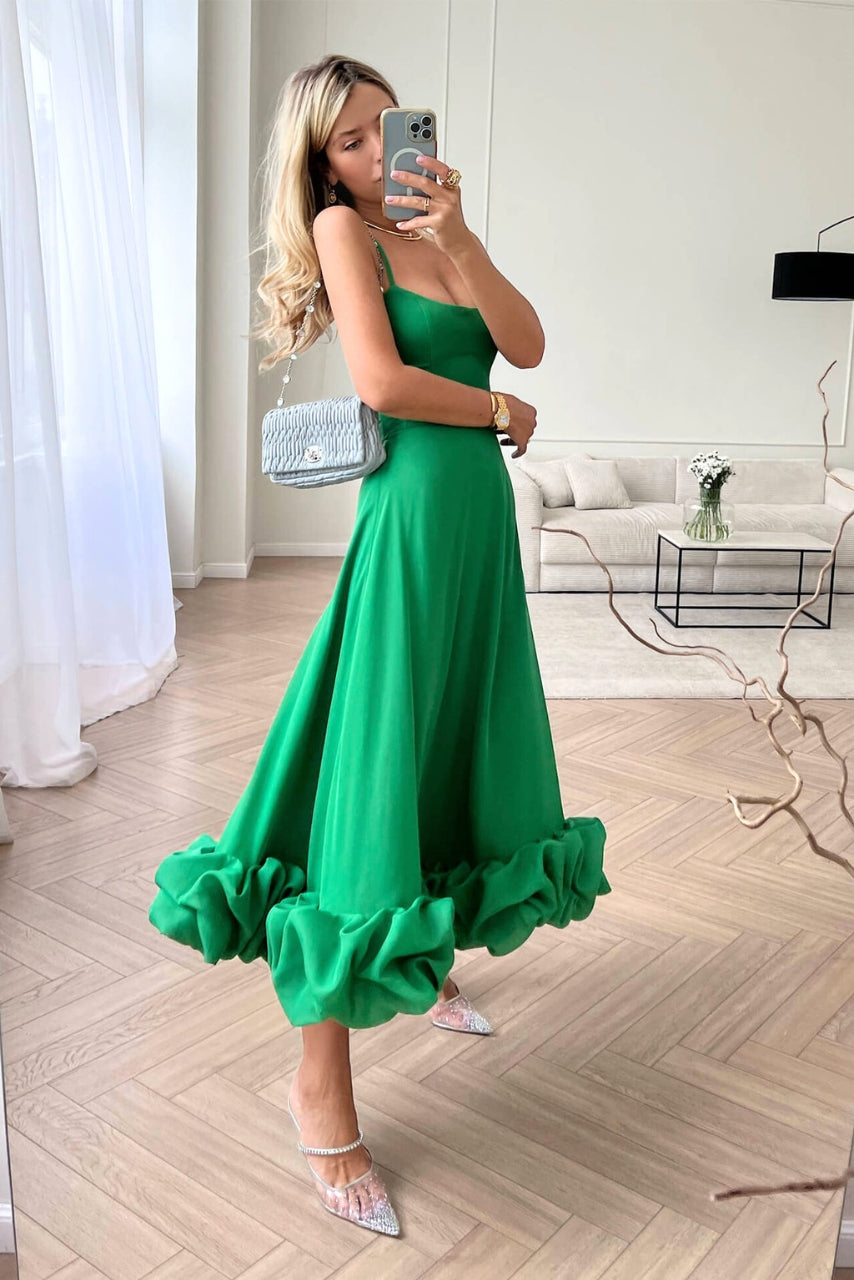 Midi Spaghetti Strap Dress with Ruffle Hem