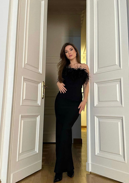 Strapless Feather Trim Black Evening Gown