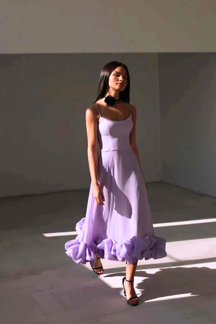 Midi Spaghetti Strap Dress with Ruffle Hem