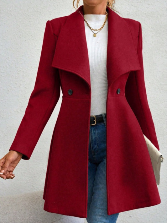 Trench Style Wool Blend Coat with Wide Lapel and Button Detail