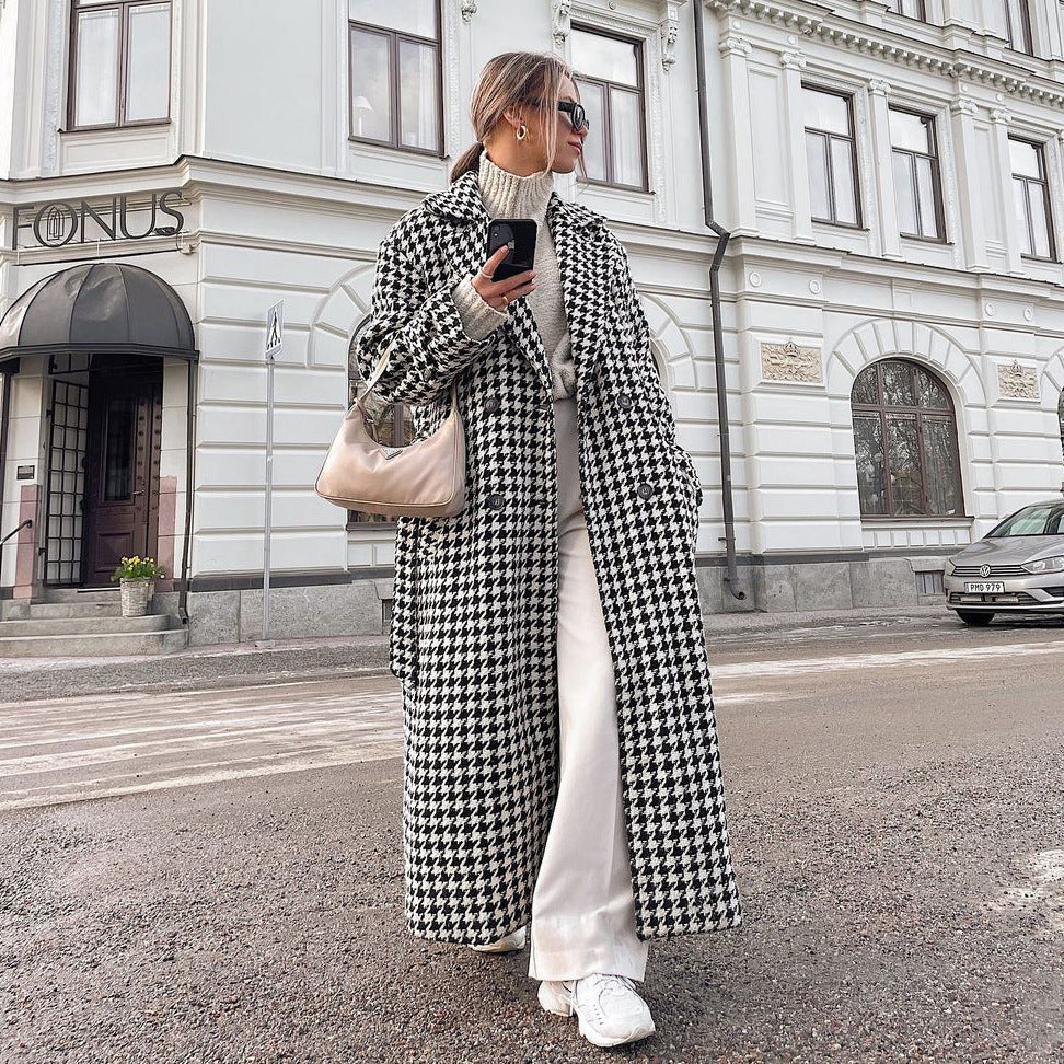 Wool Houndstooth Long Overcoat