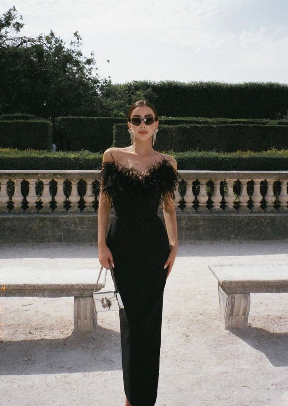 Strapless Feather Trim Black Evening Gown