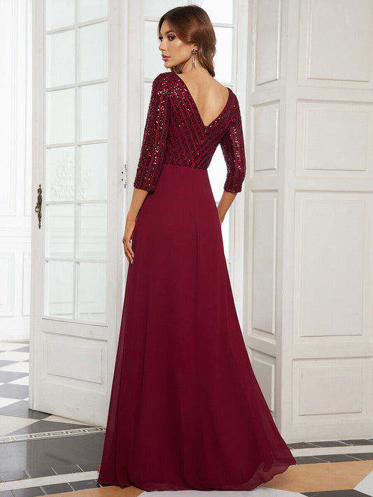 Women’s Evening Gown – Sequin V-Neck Long Formal Dress