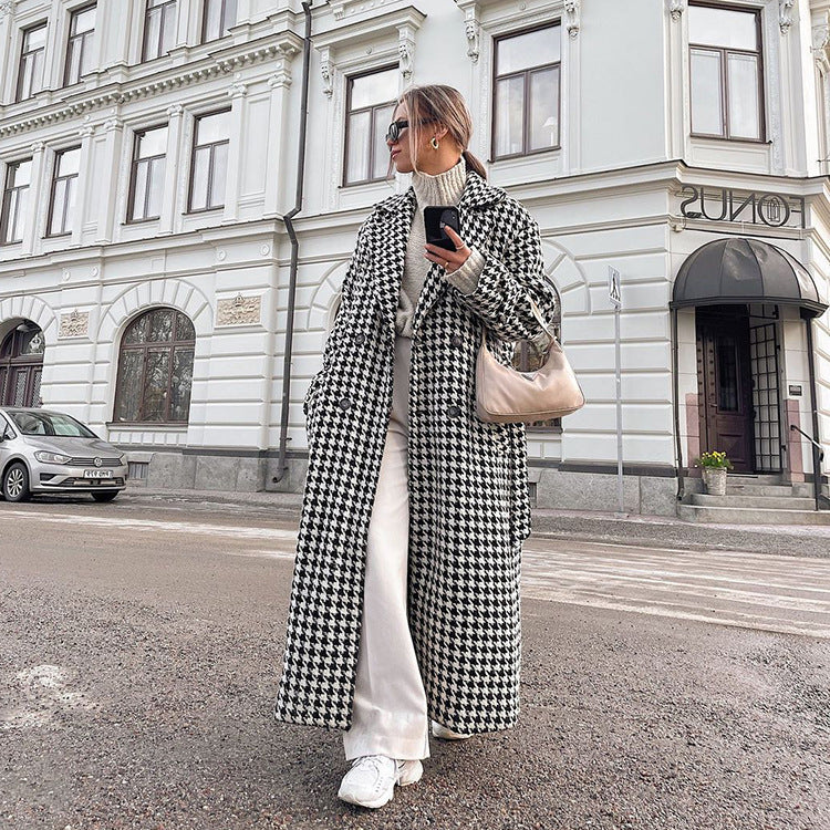 Wool Houndstooth Long Overcoat