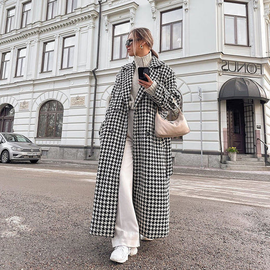 Wool Houndstooth Long Overcoat