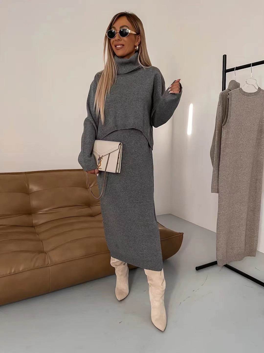 Knit Turtleneck Sweater and Skirt Two-Piece Set