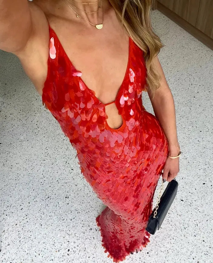 Sequin Plunge V-Neck Gown