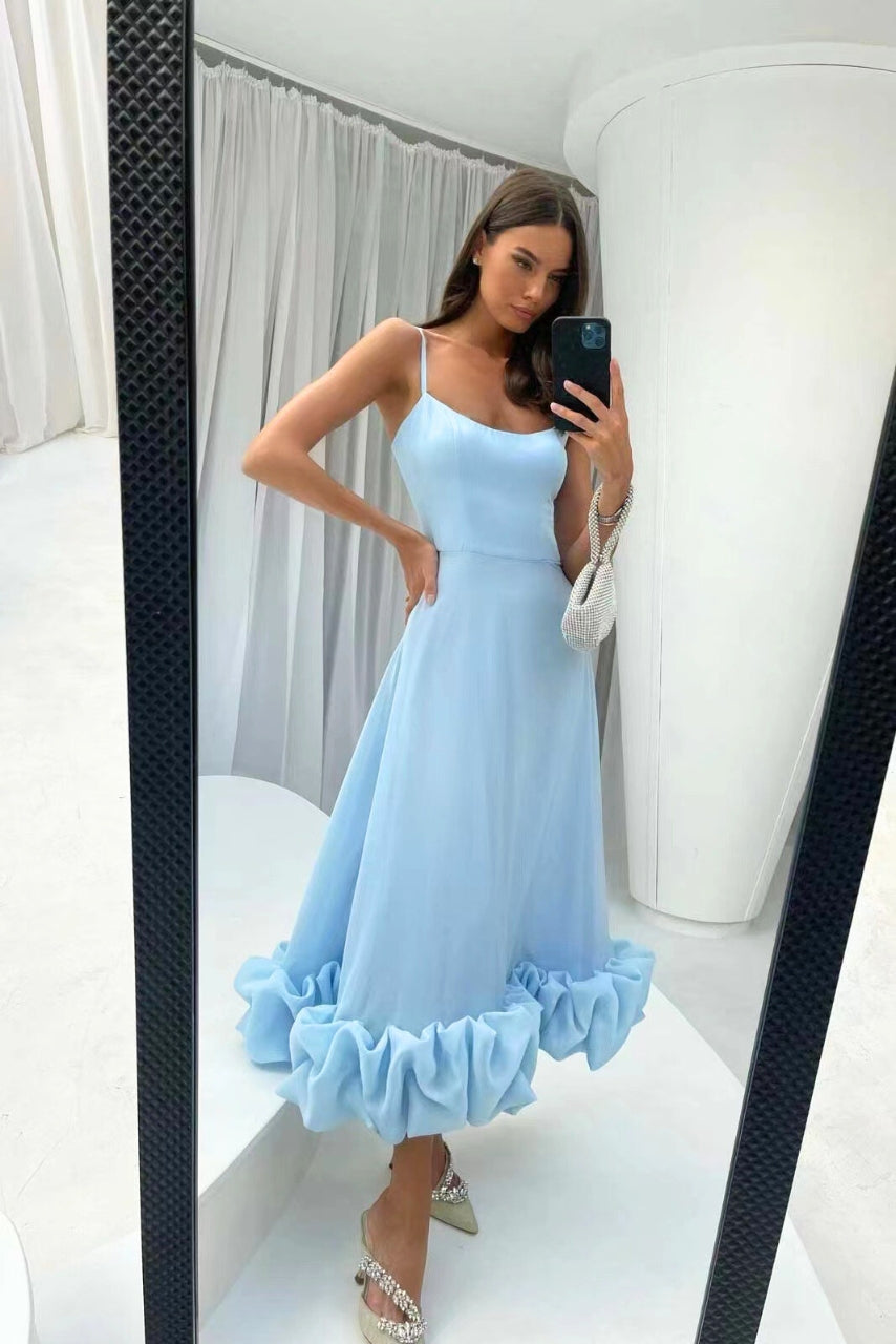 Midi Spaghetti Strap Dress with Ruffle Hem