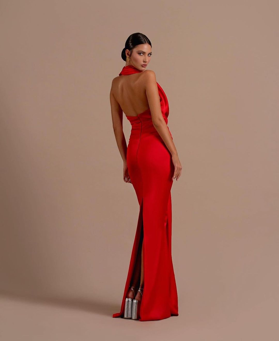 Red Draped Halter Neck Evening Gown