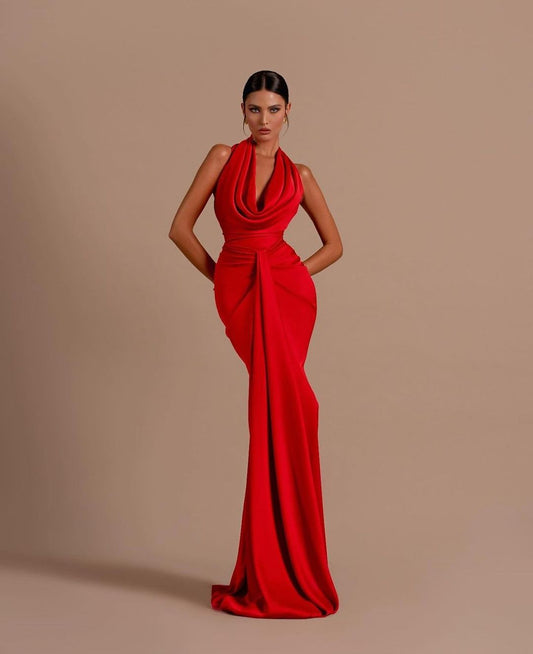 Red Draped Halter Neck Evening Gown