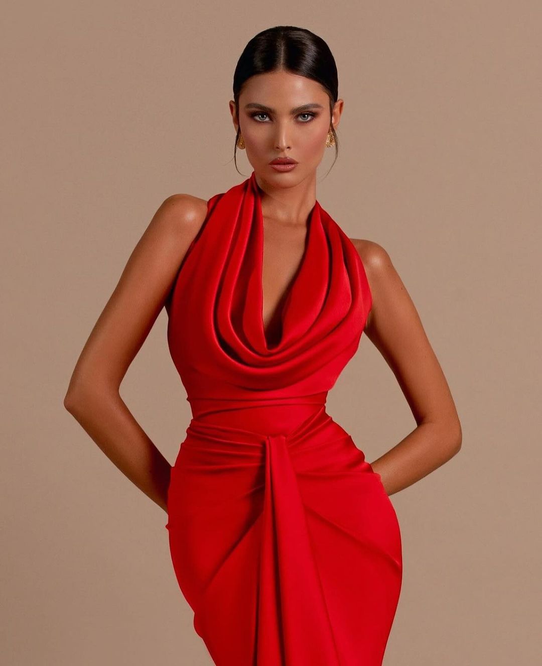 Red Draped Halter Neck Evening Gown