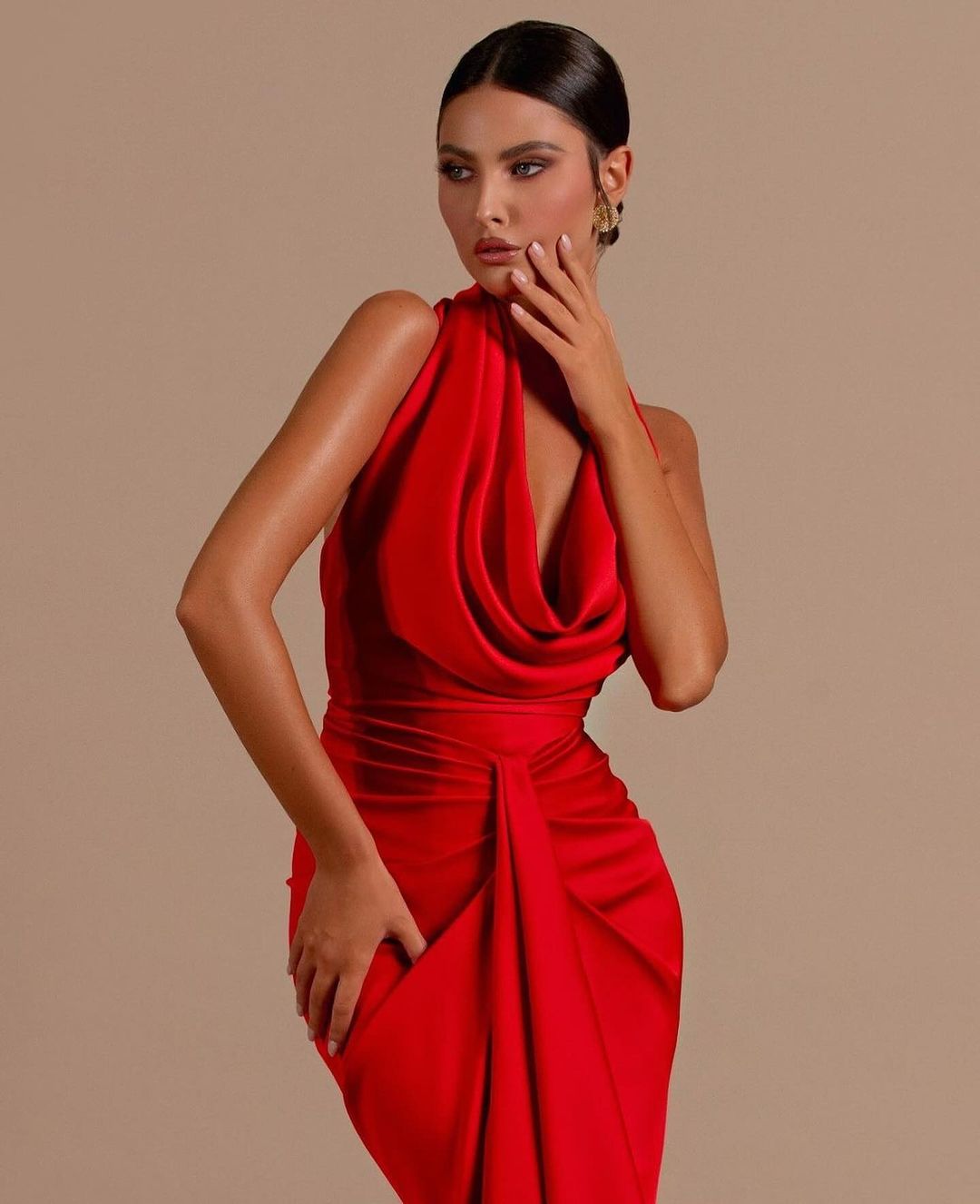 Red Draped Halter Neck Evening Gown