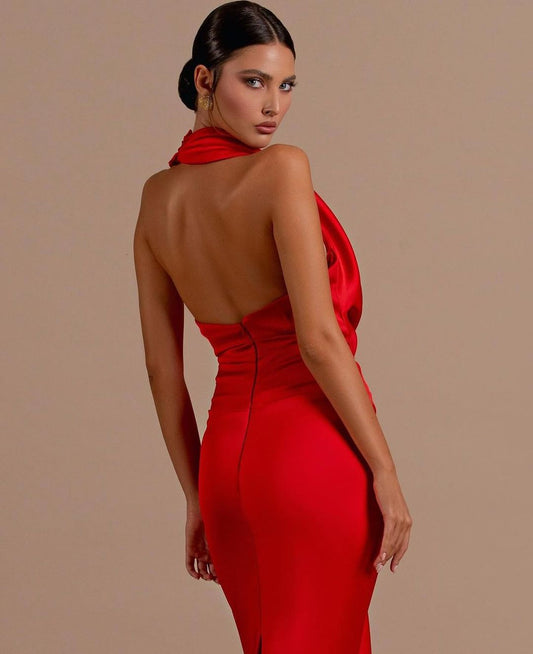 Red Draped Halter Neck Evening Gown