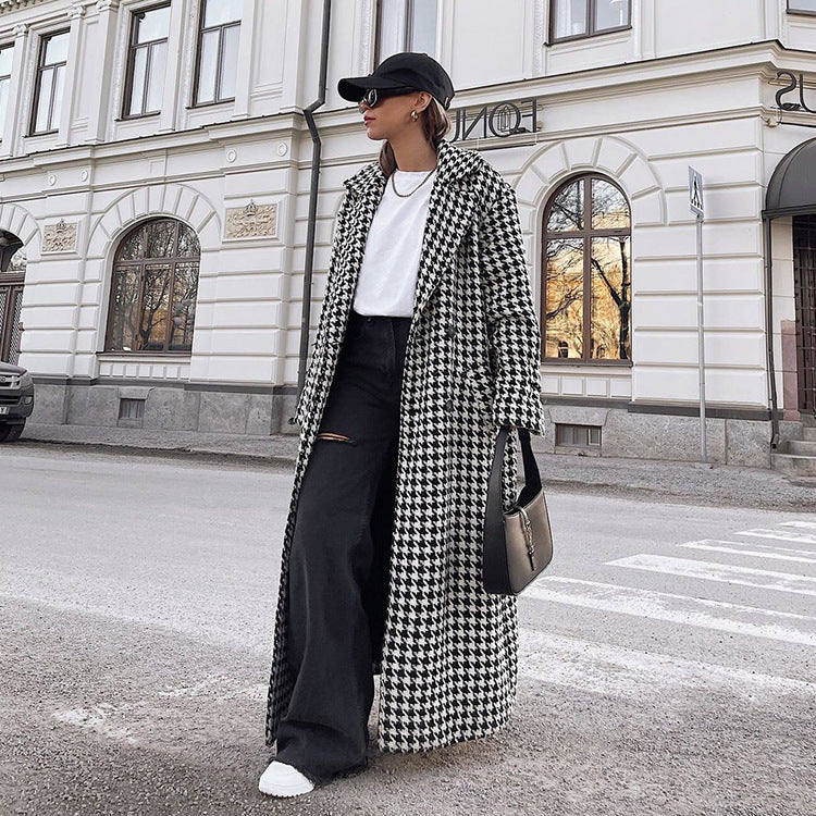Wool Houndstooth Long Overcoat