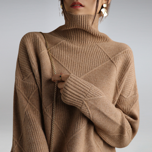 Cashmere Diamond Pattern Turtleneck Sweater