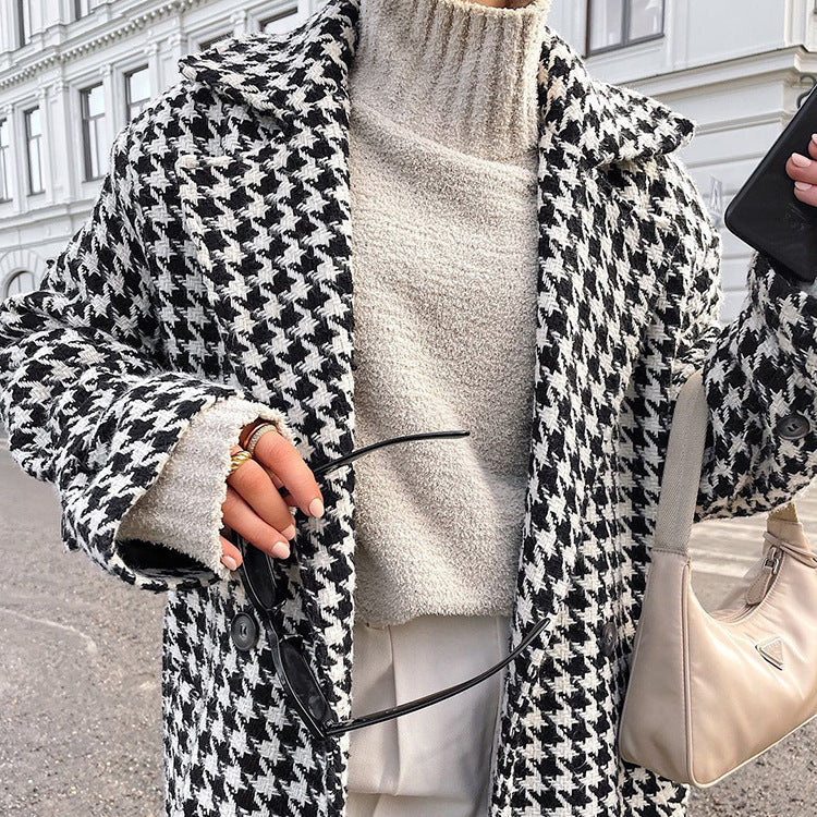 Wool Houndstooth Long Overcoat