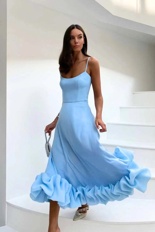 Midi Spaghetti Strap Dress with Ruffle Hem