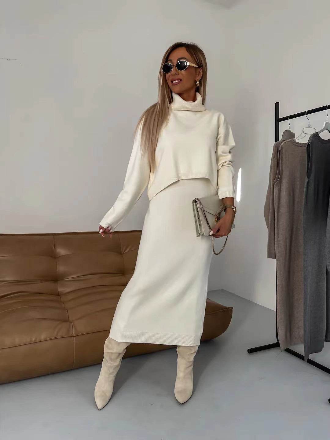 Knit Turtleneck Sweater and Skirt Two-Piece Set