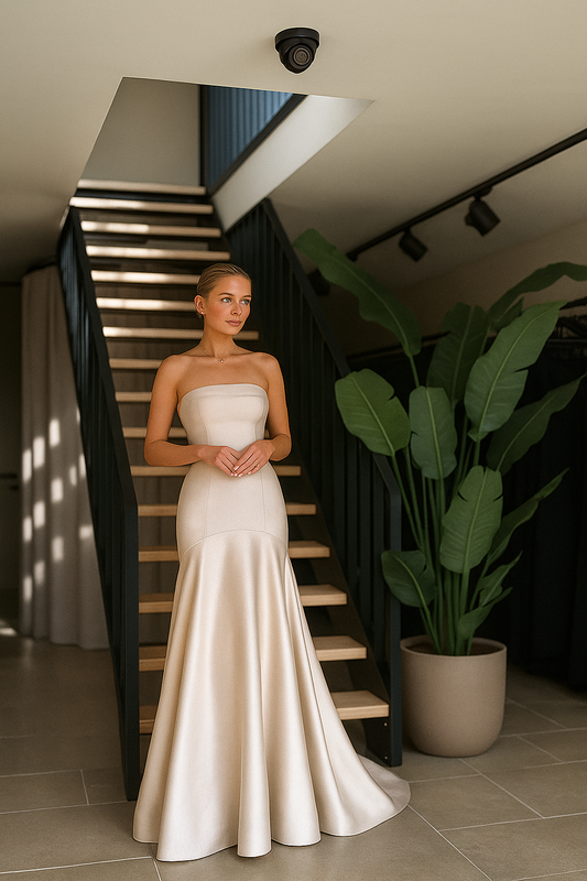 Women’s Strapless Satin Gown – Floor Length Evening Dress