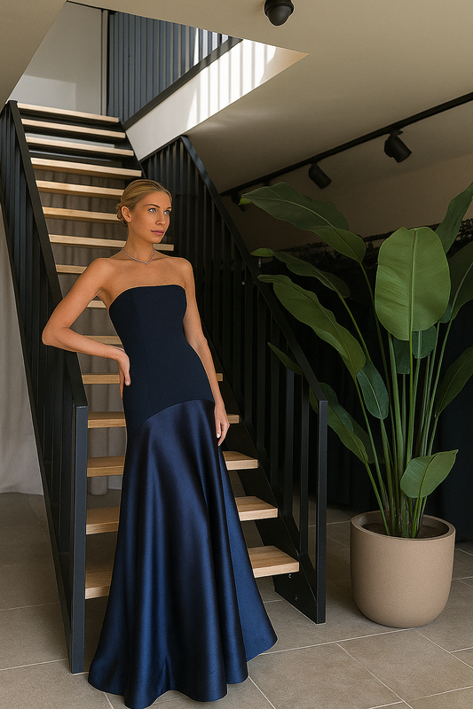 Women’s Strapless Satin Gown – Floor Length Evening Dress