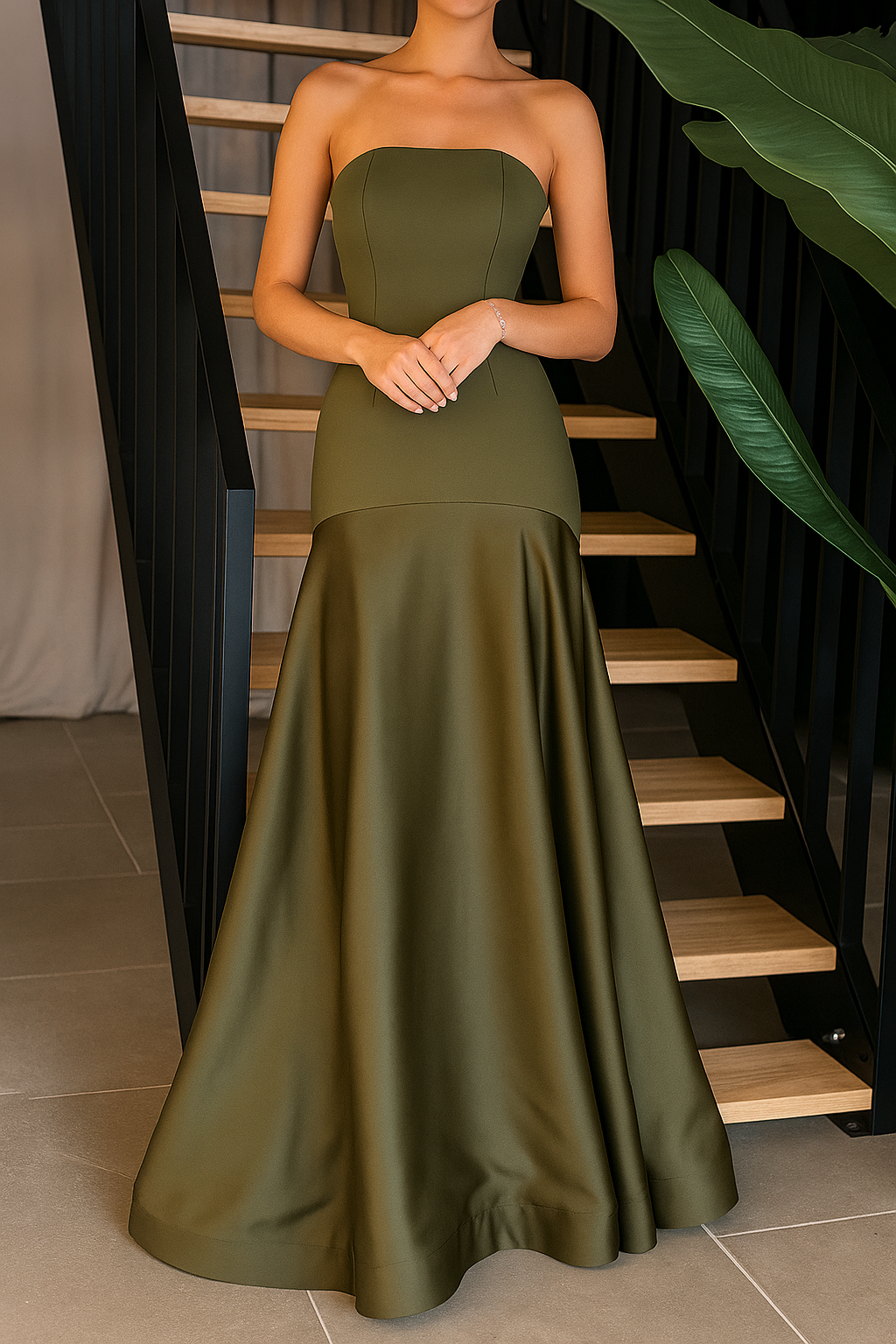 Women’s Strapless Satin Gown – Floor Length Evening Dress