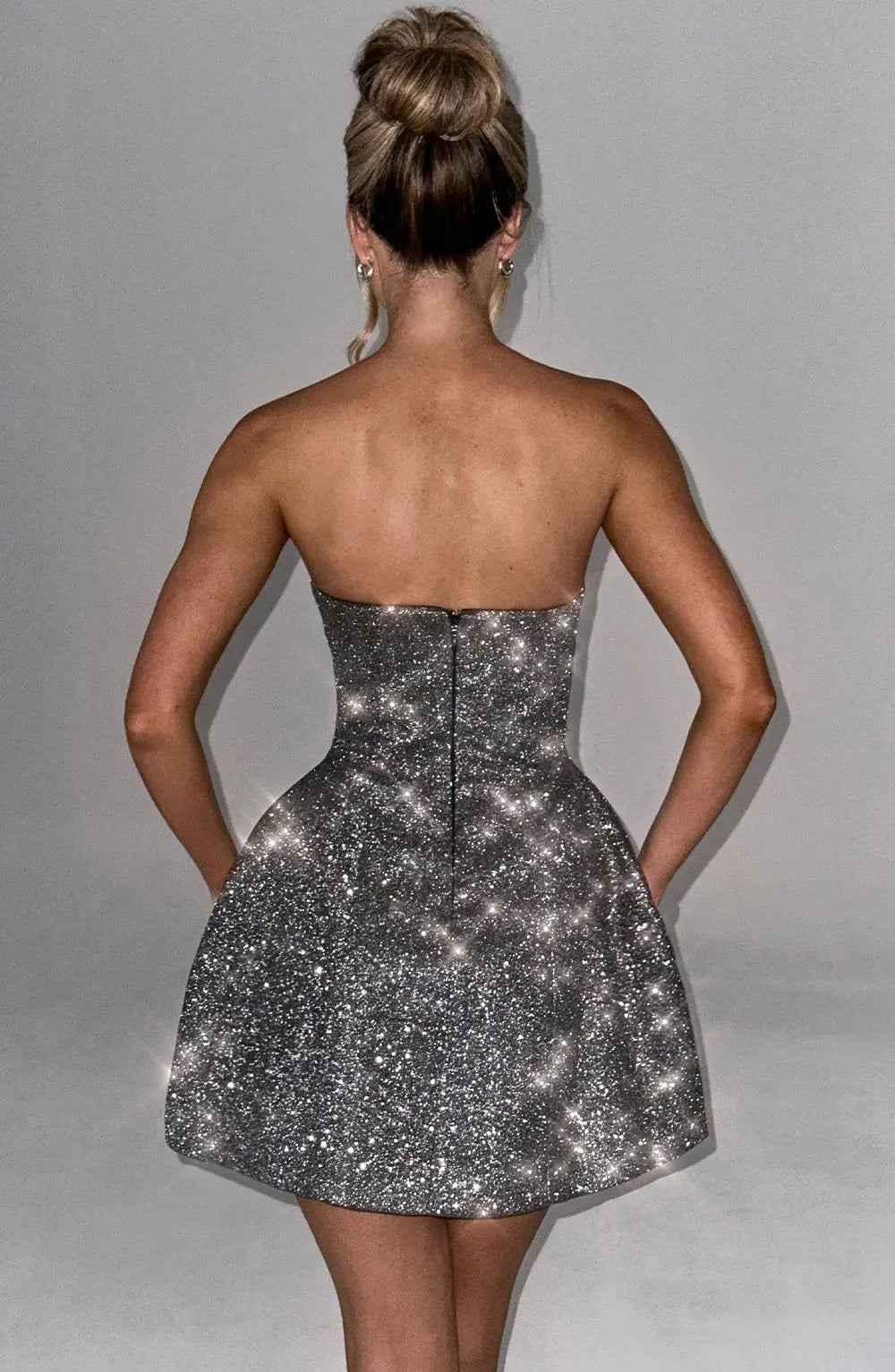Strapless Glitter Mini Dress with Oversized Bow Back