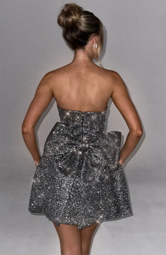 Strapless Glitter Mini Dress with Oversized Bow Back