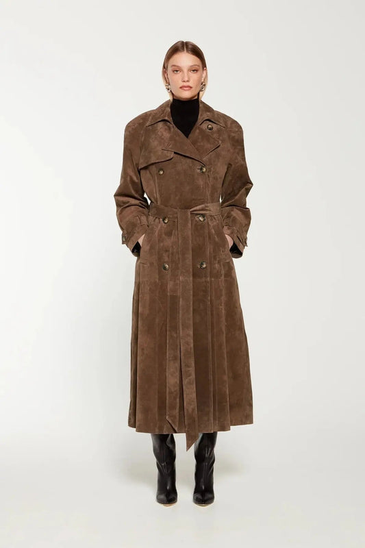 Long Suede Trench Coat with Belted Waist