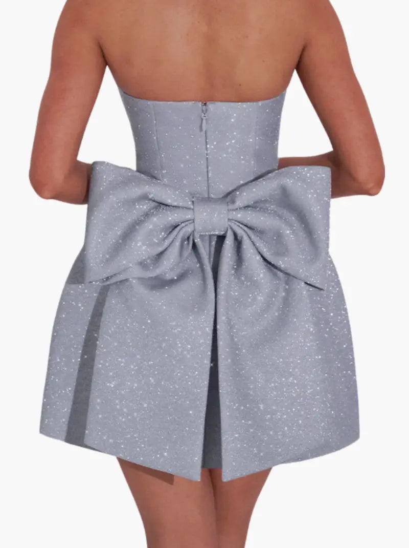 Strapless Glitter Mini Dress with Oversized Bow Back