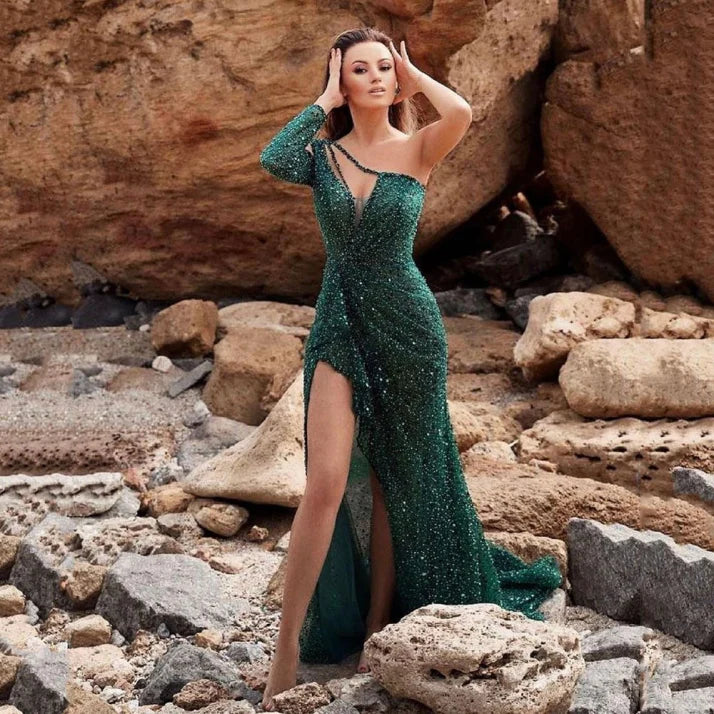 Embellished One Shoulder Gown