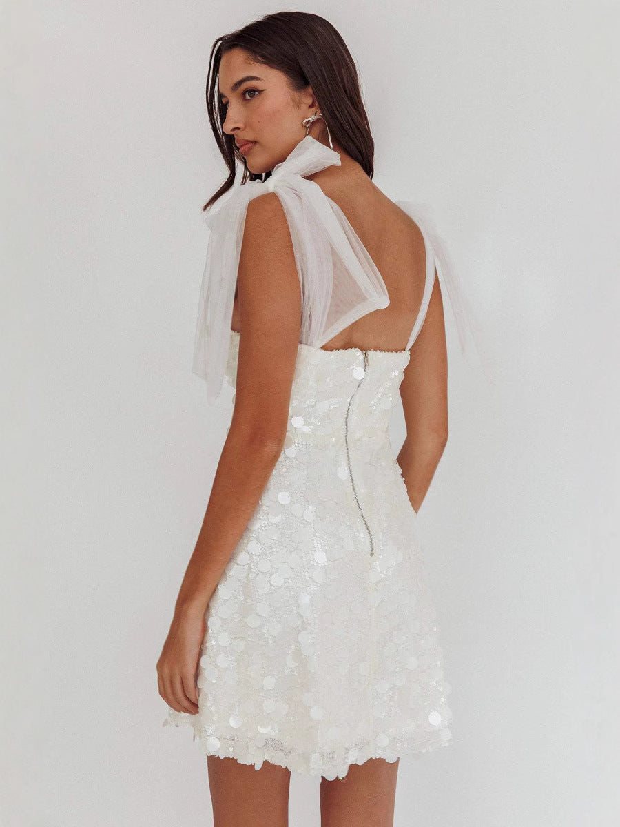 Sequin Mini Dress with Tulle Shoulder Ties