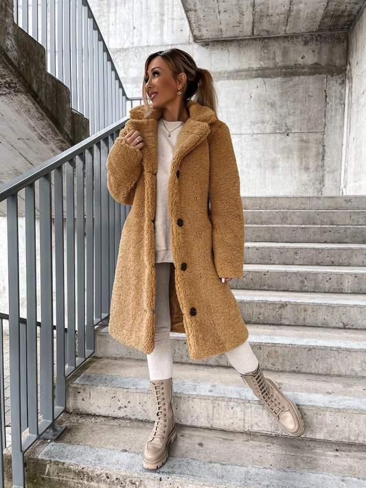Women’s Long Fleece Coat – Button Front Teddy Outerwear