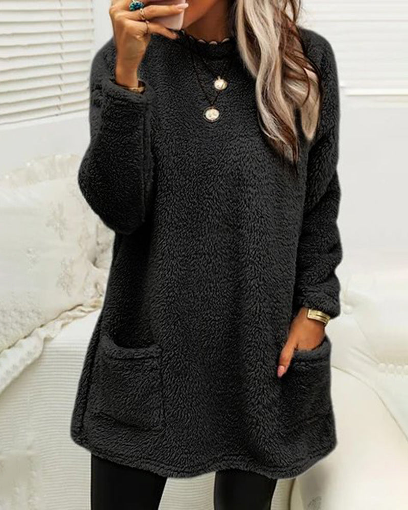 Long Sleeve Teddy Fleece Tunic Pullover with Pockets