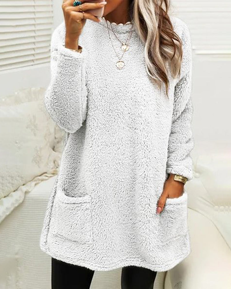 Long Sleeve Teddy Fleece Tunic Pullover with Pockets