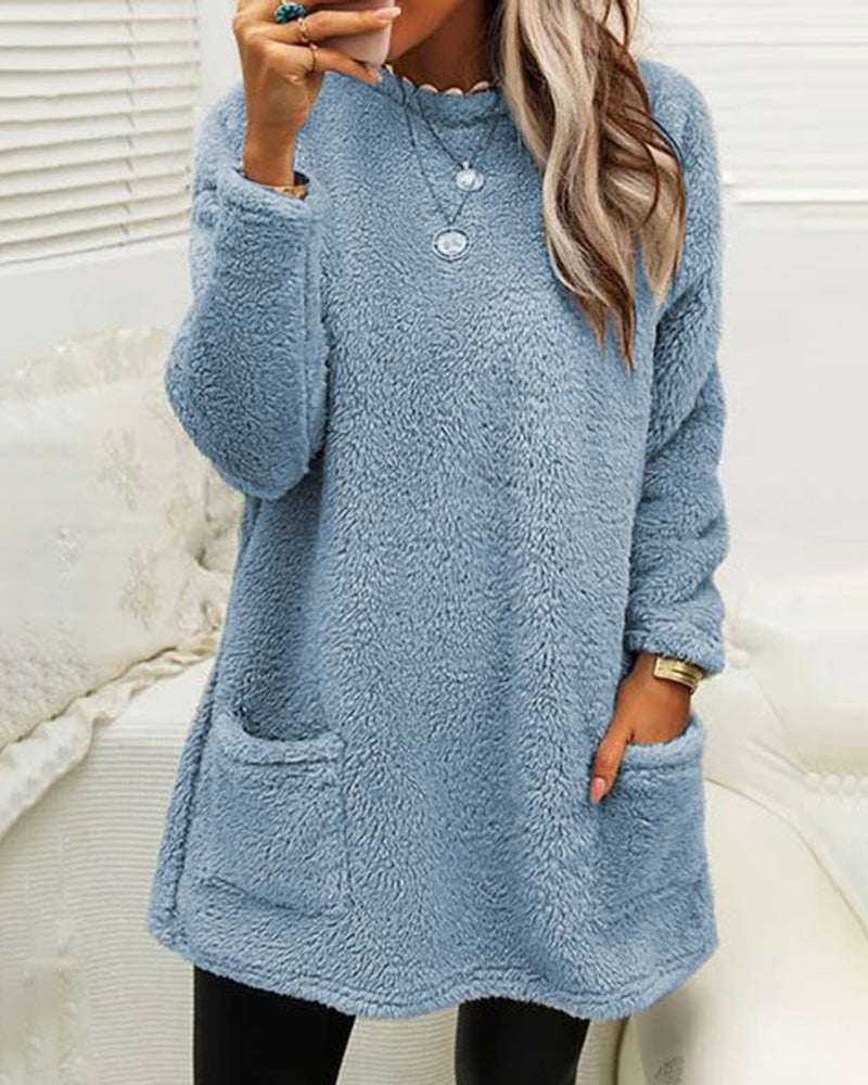Long Sleeve Teddy Fleece Tunic Pullover with Pockets