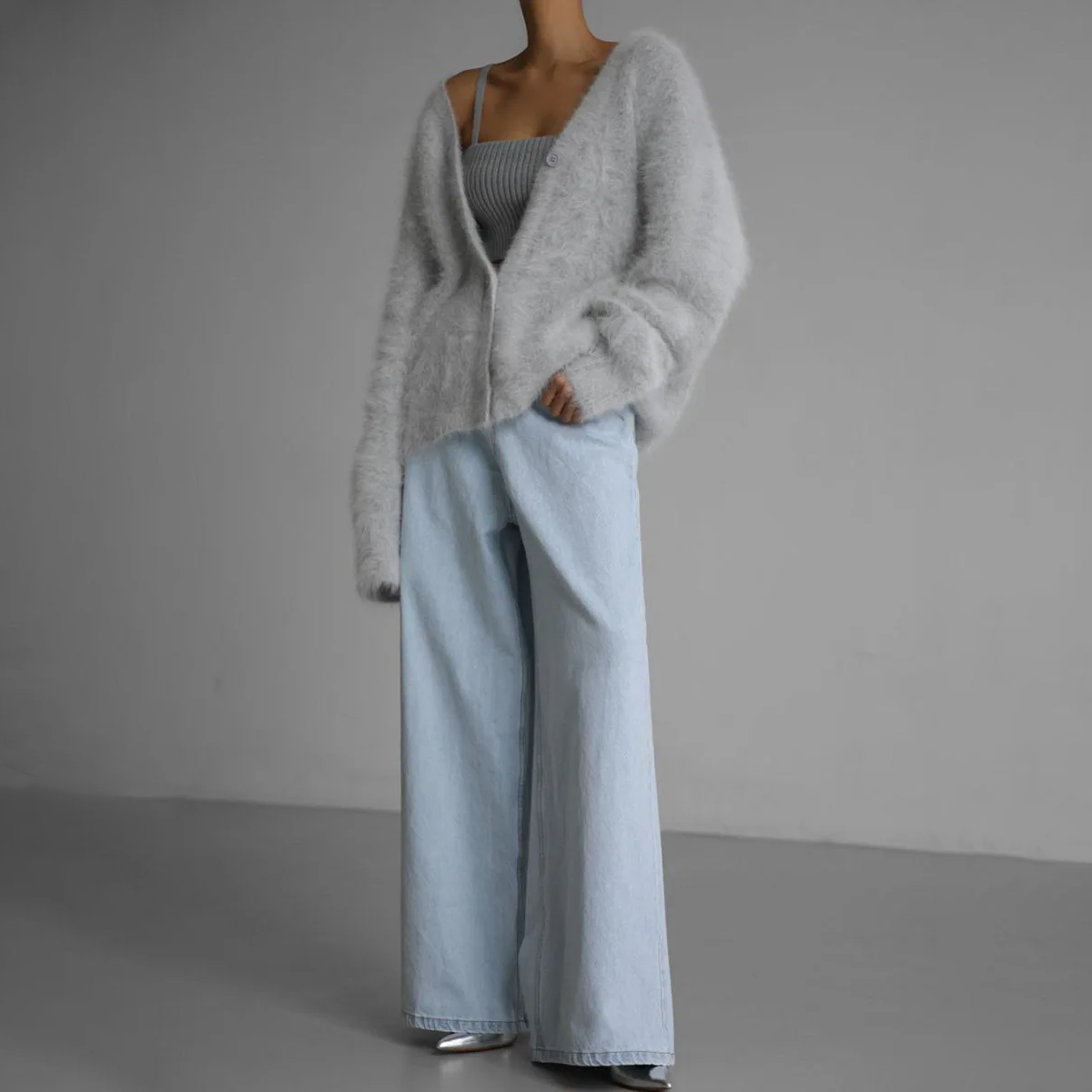 Cashmere Fluffy Oversized V-Neck Cardigan Sweater