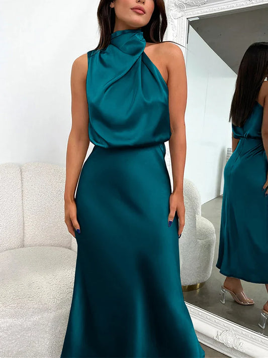 Halter Neck Satin Midi Dress