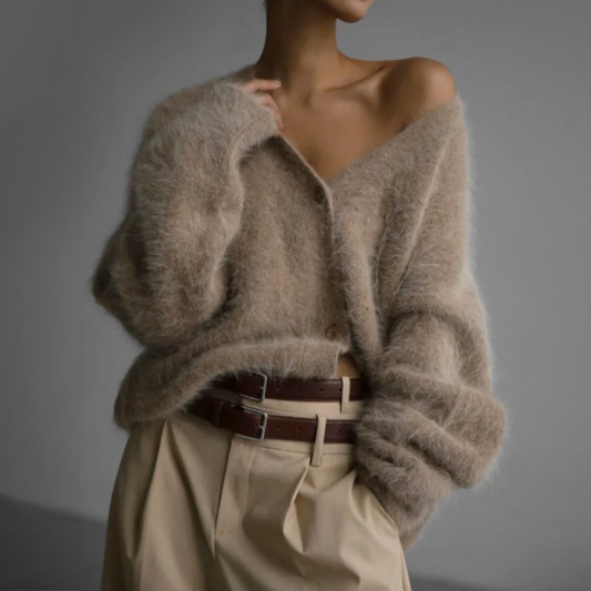 Cashmere Fluffy Oversized V-Neck Cardigan Sweater