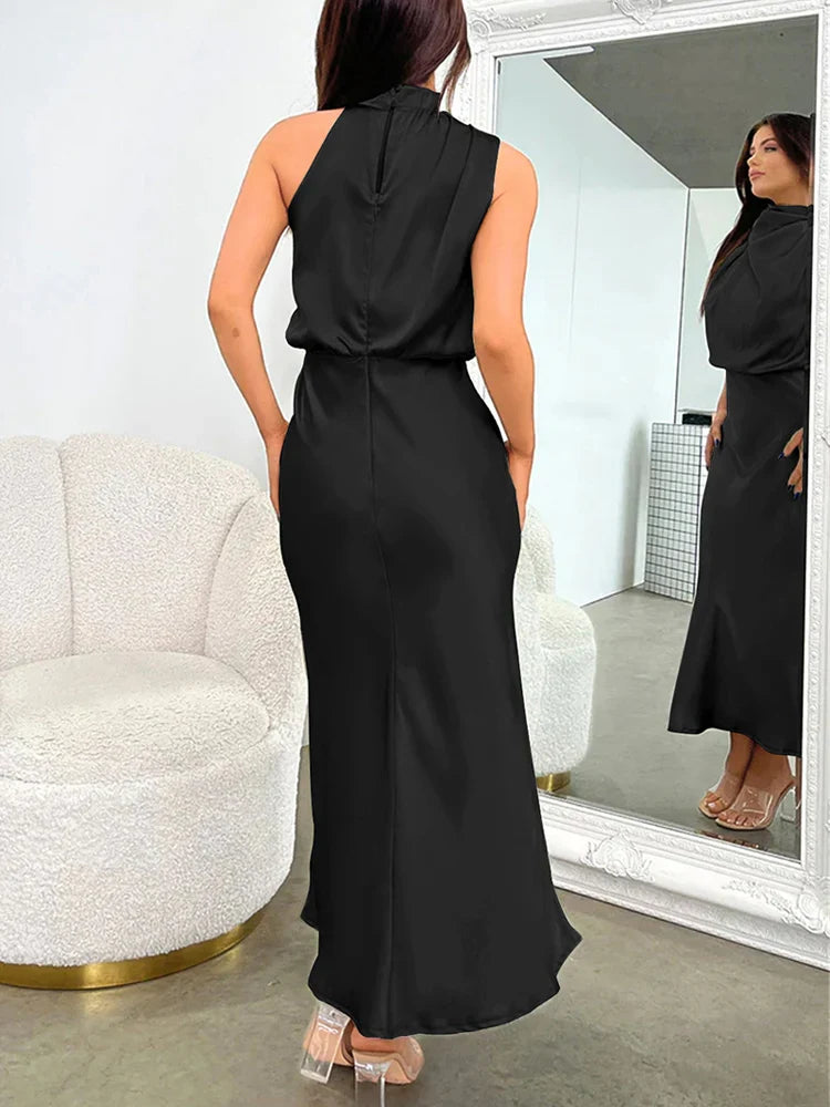 Halter Neck Satin Midi Dress